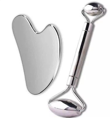 Rullo di giada per massaggio viso in acciaio inossidabile e set di strumenti Gua Sha